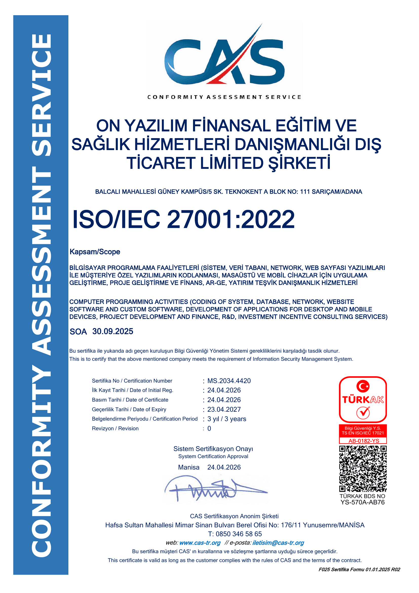 ISO/IEC 27001:2022 Bilgi Güvenliği Yönetim Sistemi sertifikası