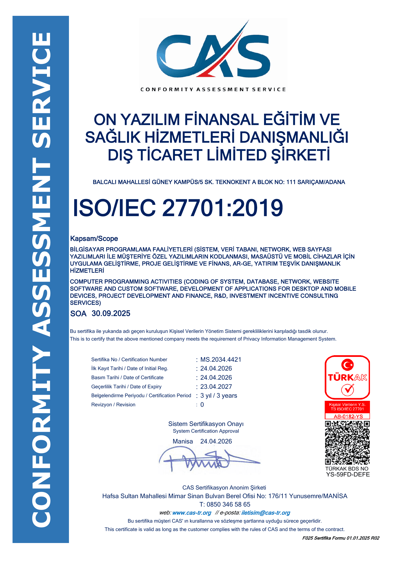 ISO/IEC 27701:2019 Gizlilik Bilgi Yönetim Sistemi sertifikası