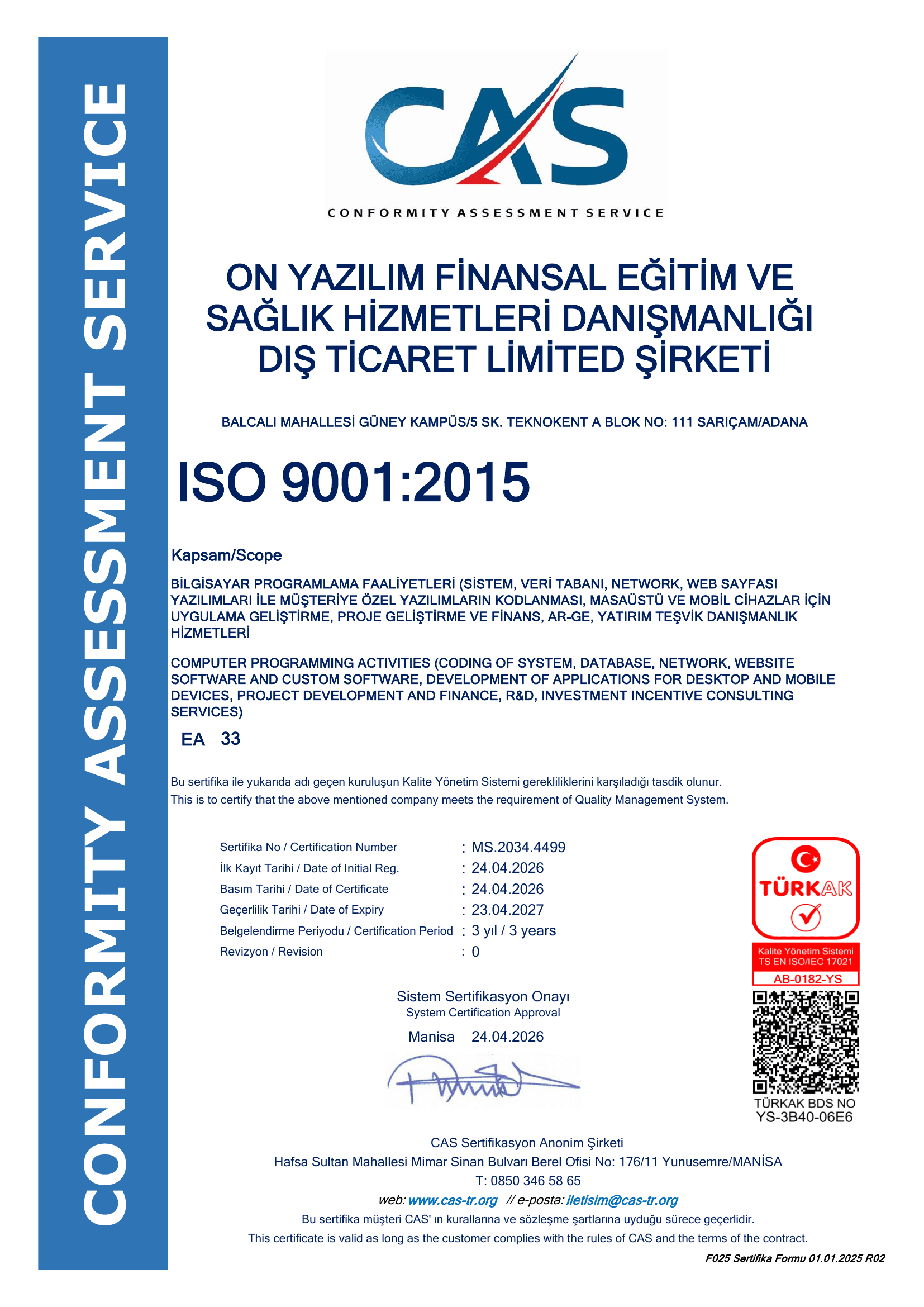 ISO 9001:2015 Kalite Yönetim Sistemi sertifikası