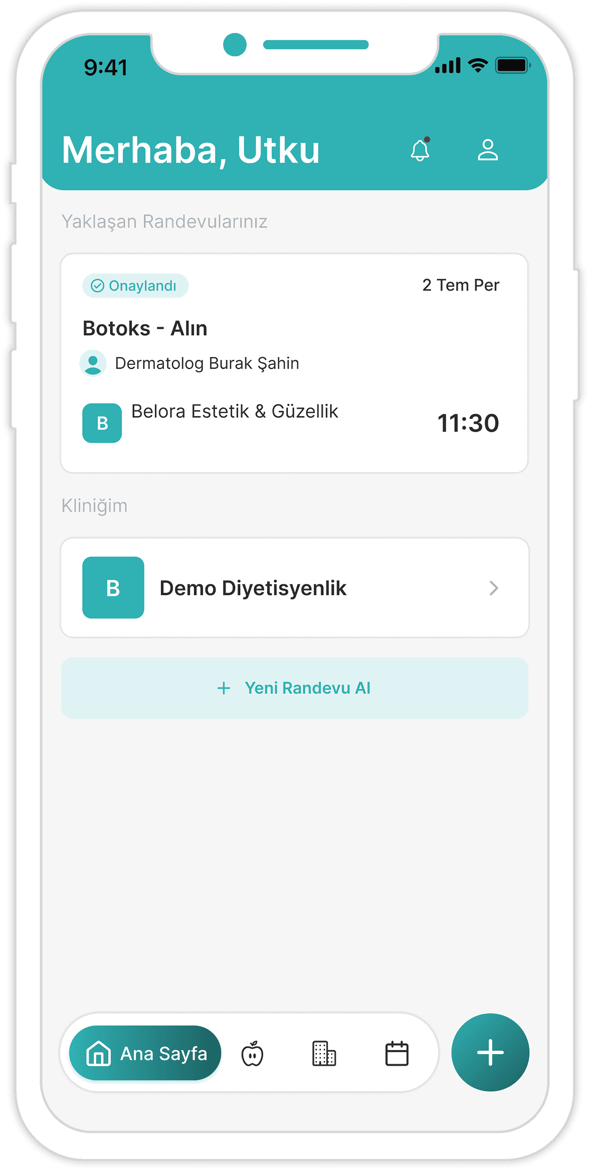 Hasta mobil uygulaması ana ekranı: yaklaşan randevu kartı ve klinik listesi
