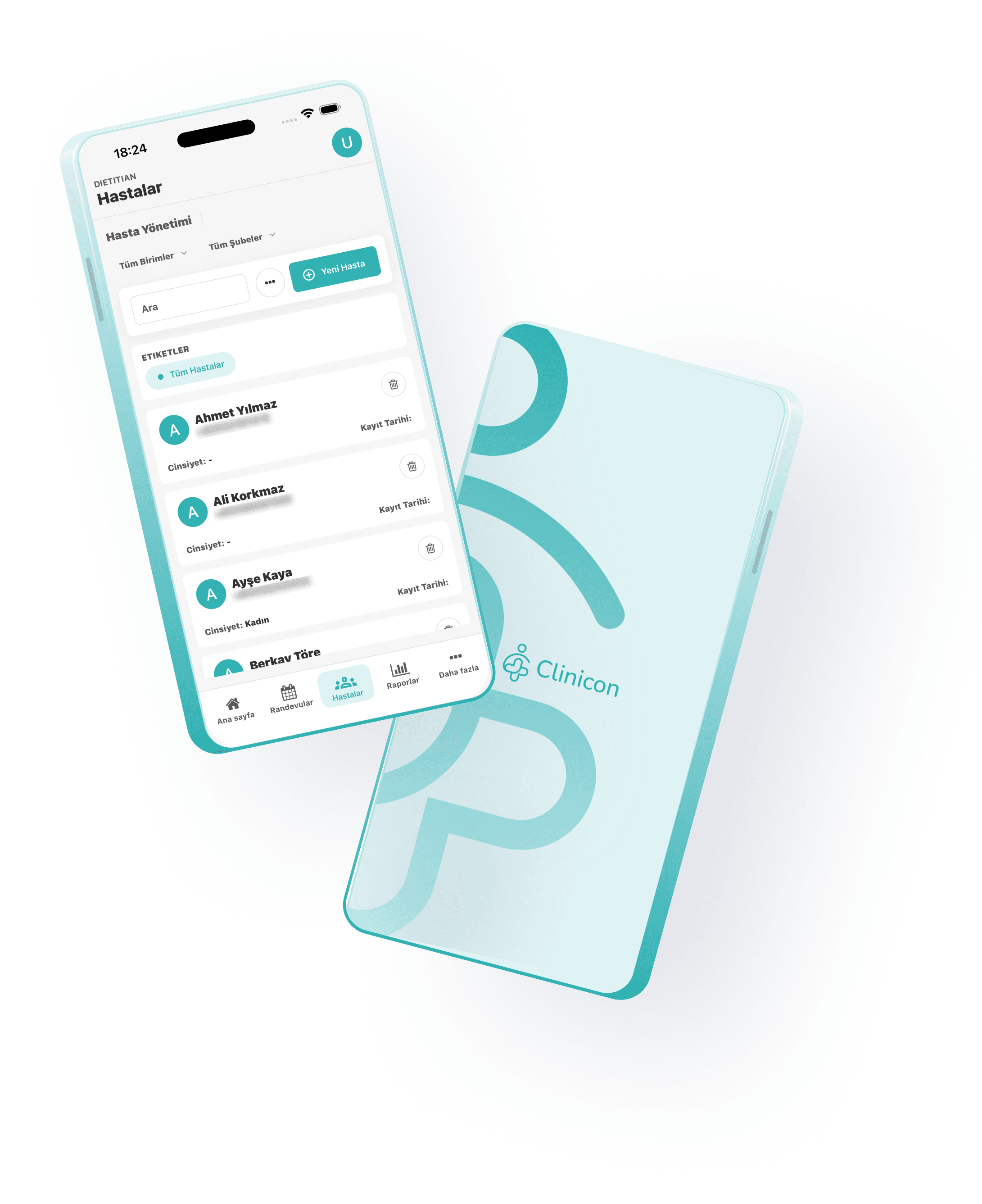 Clinicon mobil uygulaması hasta yönetimi ekranı ve uygulama kartı