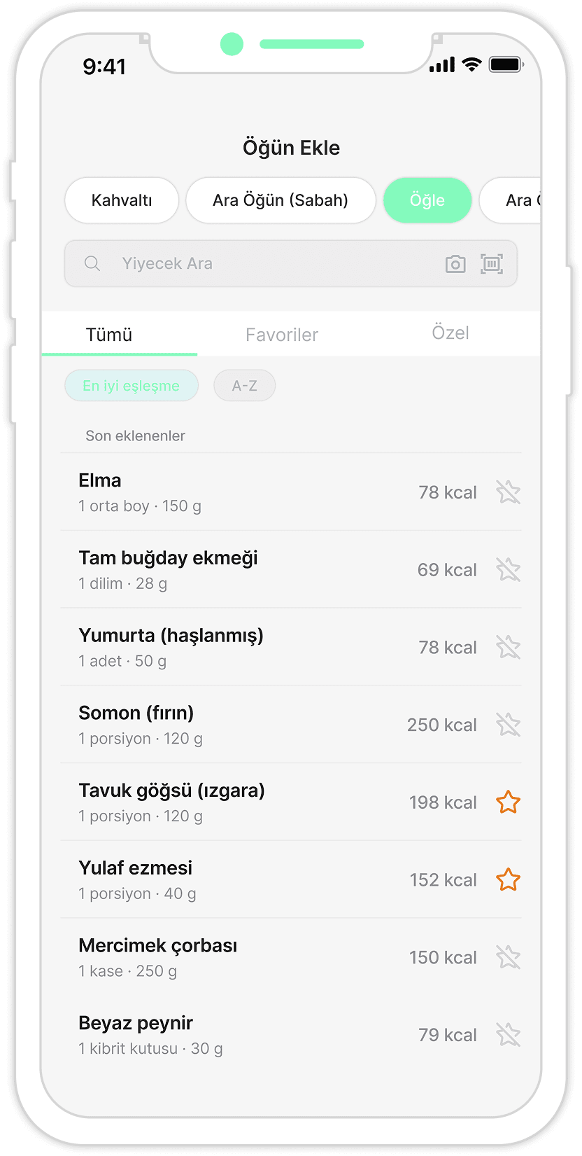 Öğün ekleme ekranı: besin arama ve favoriler listesi