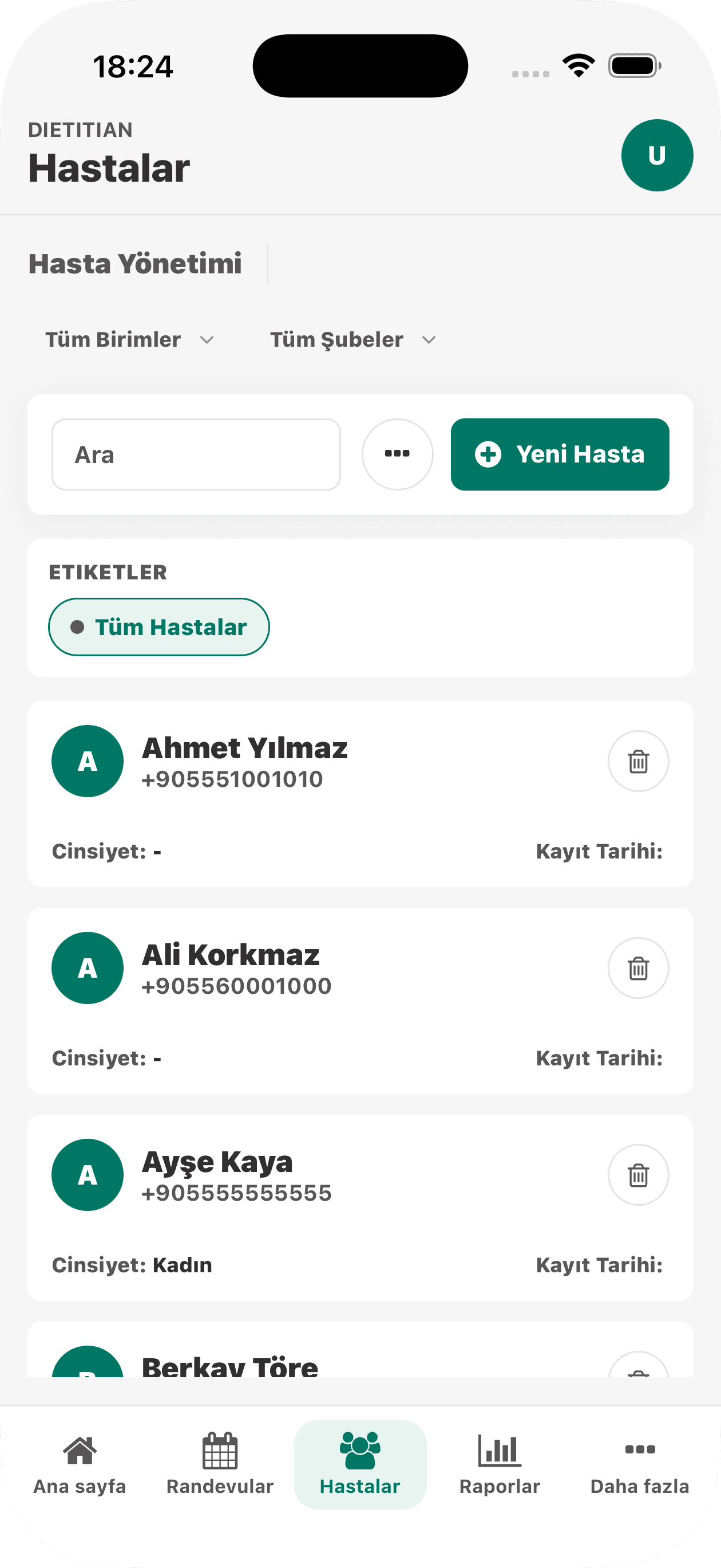 Clinicon mobil — hasta listesi
